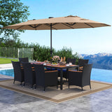 11 Pieces Patio Dining Set with LED Patio Umbrella with Base and Seat Cushions (Navy)