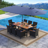 11 Pieces Patio Dining Set with LED Patio Umbrella with Base and Seat Cushions (Navy)