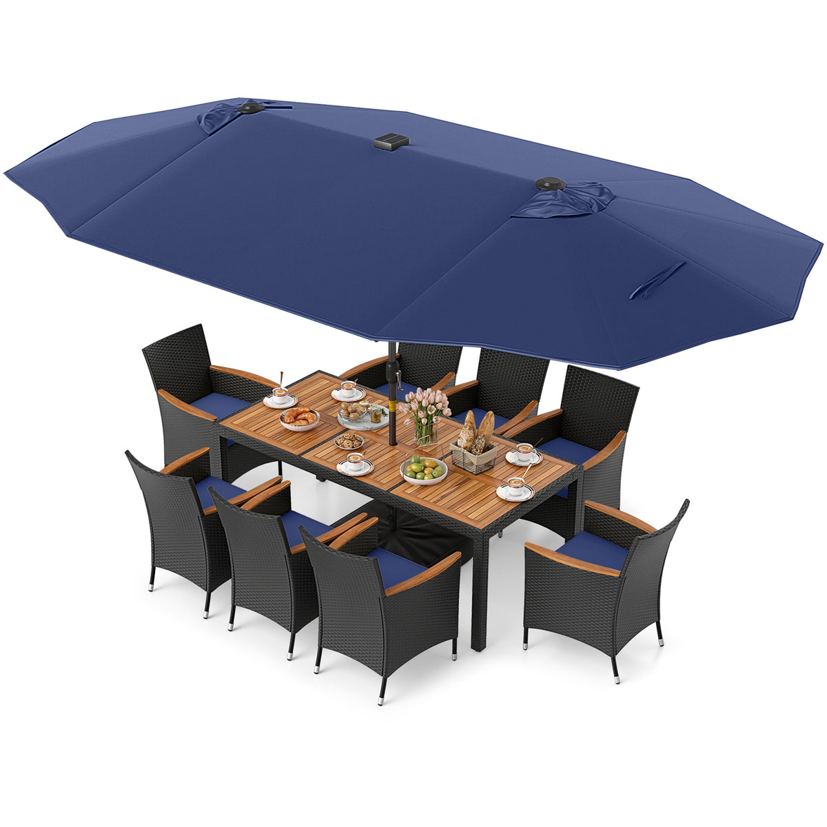 11 Pieces Patio Dining Set with LED Patio Umbrella with Base and Seat Cushions (Navy)