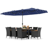 11 Pieces Patio Dining Set with LED Patio Umbrella with Base and Seat Cushions (Navy)