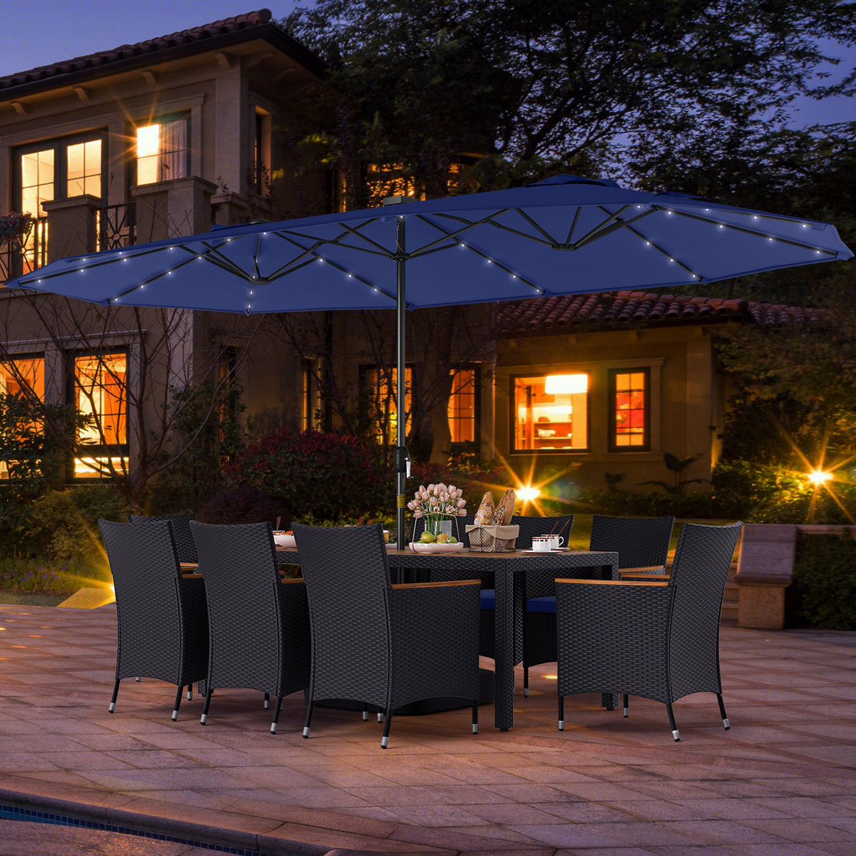 11 Pieces Patio Dining Set with LED Patio Umbrella with Base and Seat Cushions (Navy)