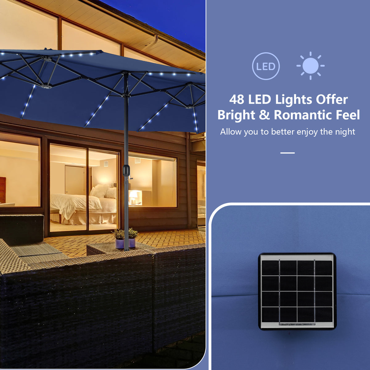 11 Pieces Patio Dining Set with LED Patio Umbrella with Base and Seat Cushions (Navy)