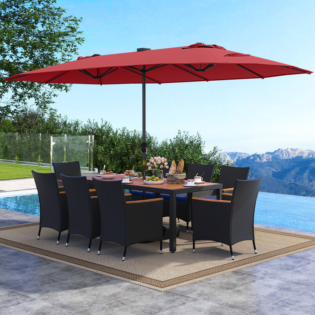 11 Pieces Patio Dining Set with LED Patio Umbrella with Base and Seat Cushions (Navy)