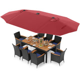 11 Pieces Patio Dining Set with LED Patio Umbrella with Base and Seat Cushions (Navy)