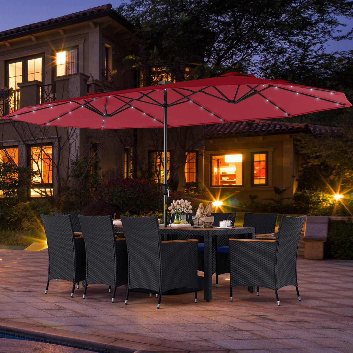 11 Pieces Patio Dining Set with LED Patio Umbrella with Base and Seat Cushions (Navy)