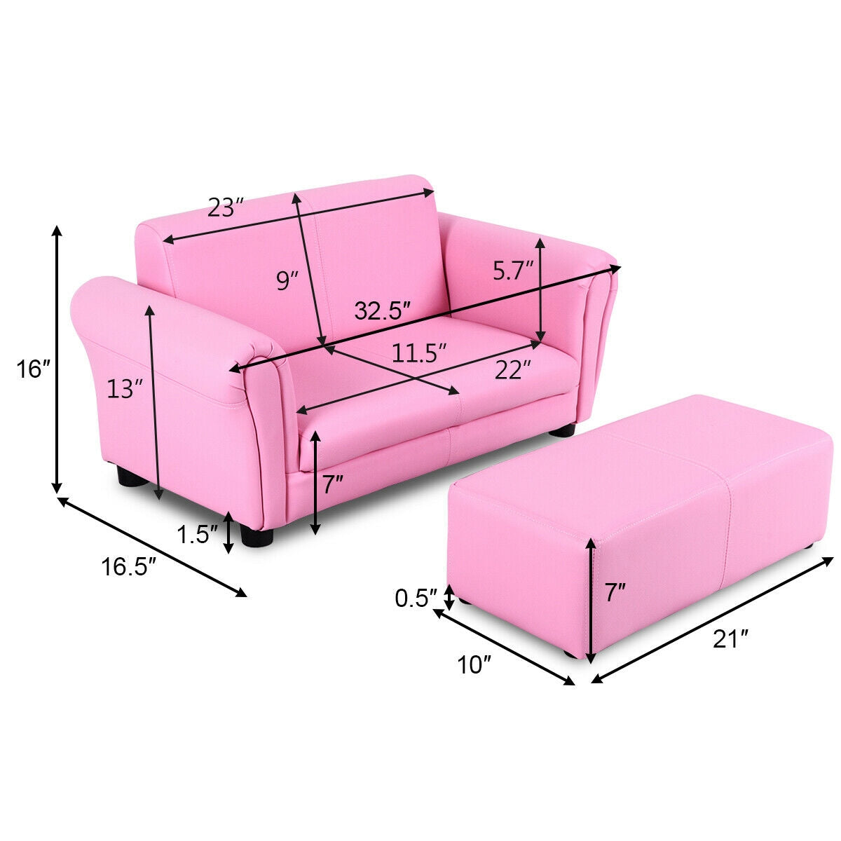 Black/White Kids Double Sofa with Ottoman