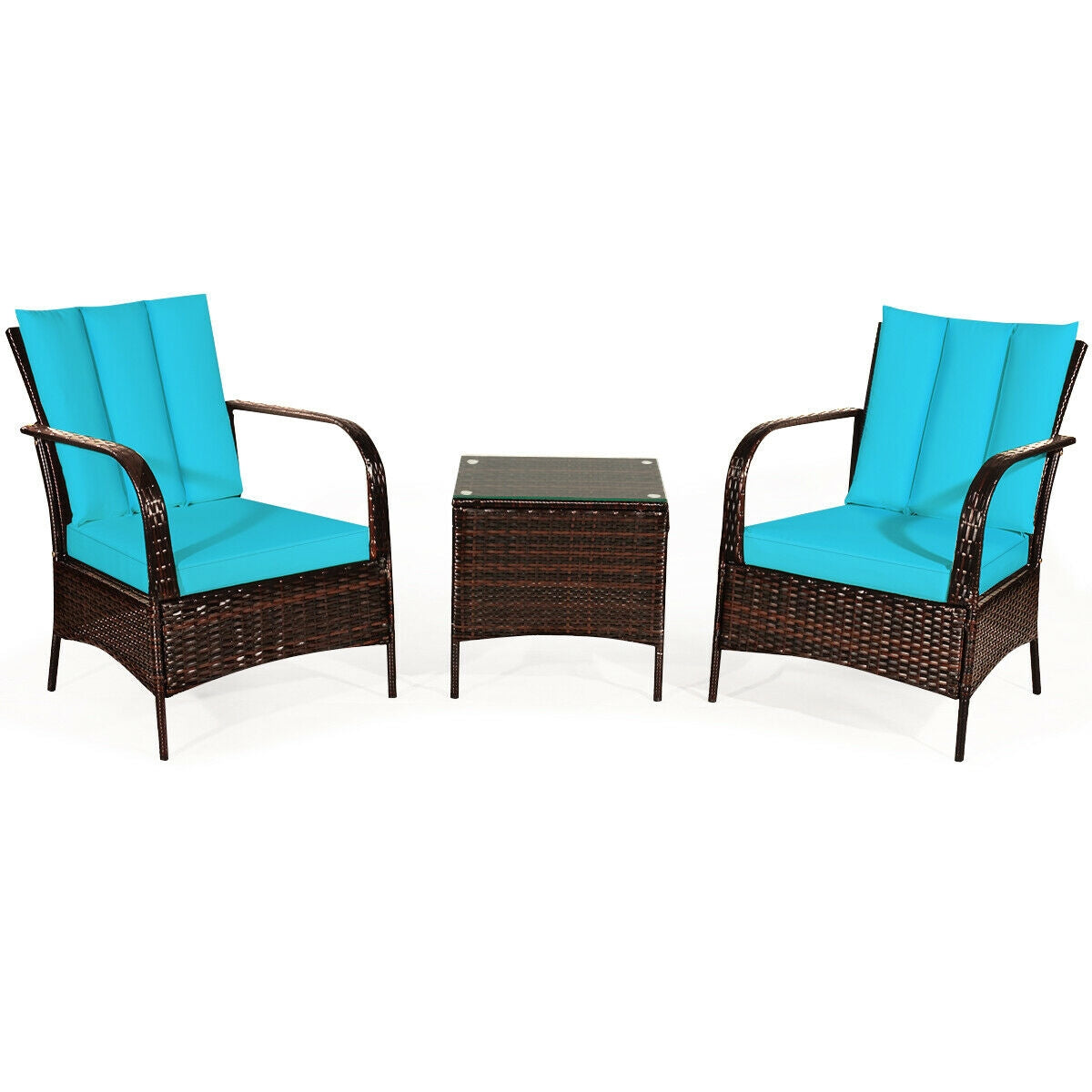 3 Pcs Patio Conversation Rattan Furniture Set with Glass Top Coffee Table and Cushions