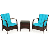 3 Pcs Patio Conversation Rattan Furniture Set with Glass Top Coffee Table and Cushions