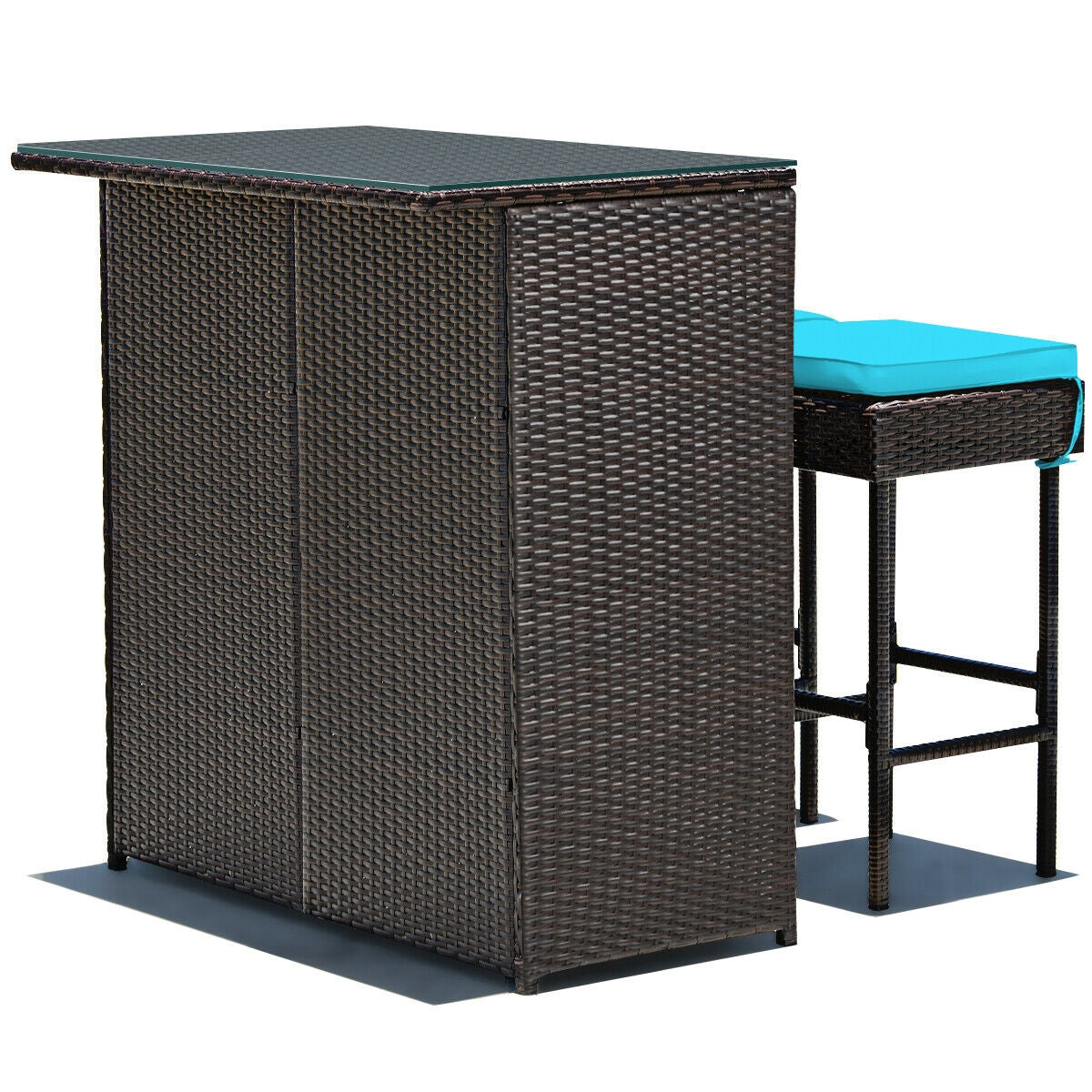 3-piece Rattan Wicker Bar Table Stools Dining Set Cushioned Chairs