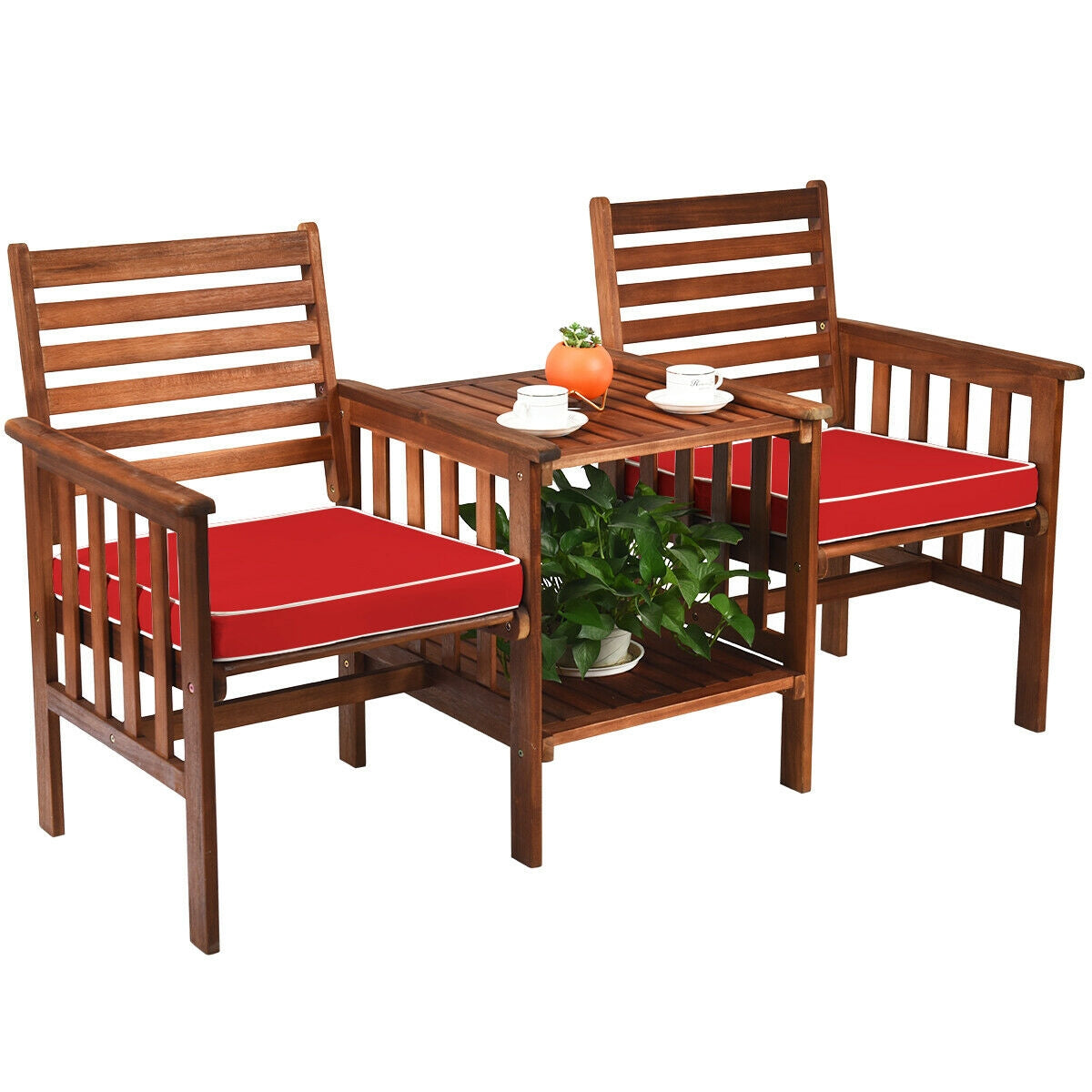 3 pcs Outdoor Patio Table Chairs Set Acacia Wood Loveseat