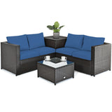 4 Pieces Outdoor Patio Rattan Furniture Set with Cushioned Loveseat and Storage Box