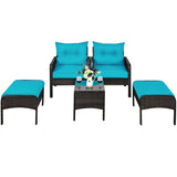 5 Pieces Patio Rattan Sofa Ottoman Furniture Set with Cushions