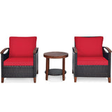 3 Pieces Patio Rattan Furniture Set with Washable Cushion and Acacia Wood Tabletop