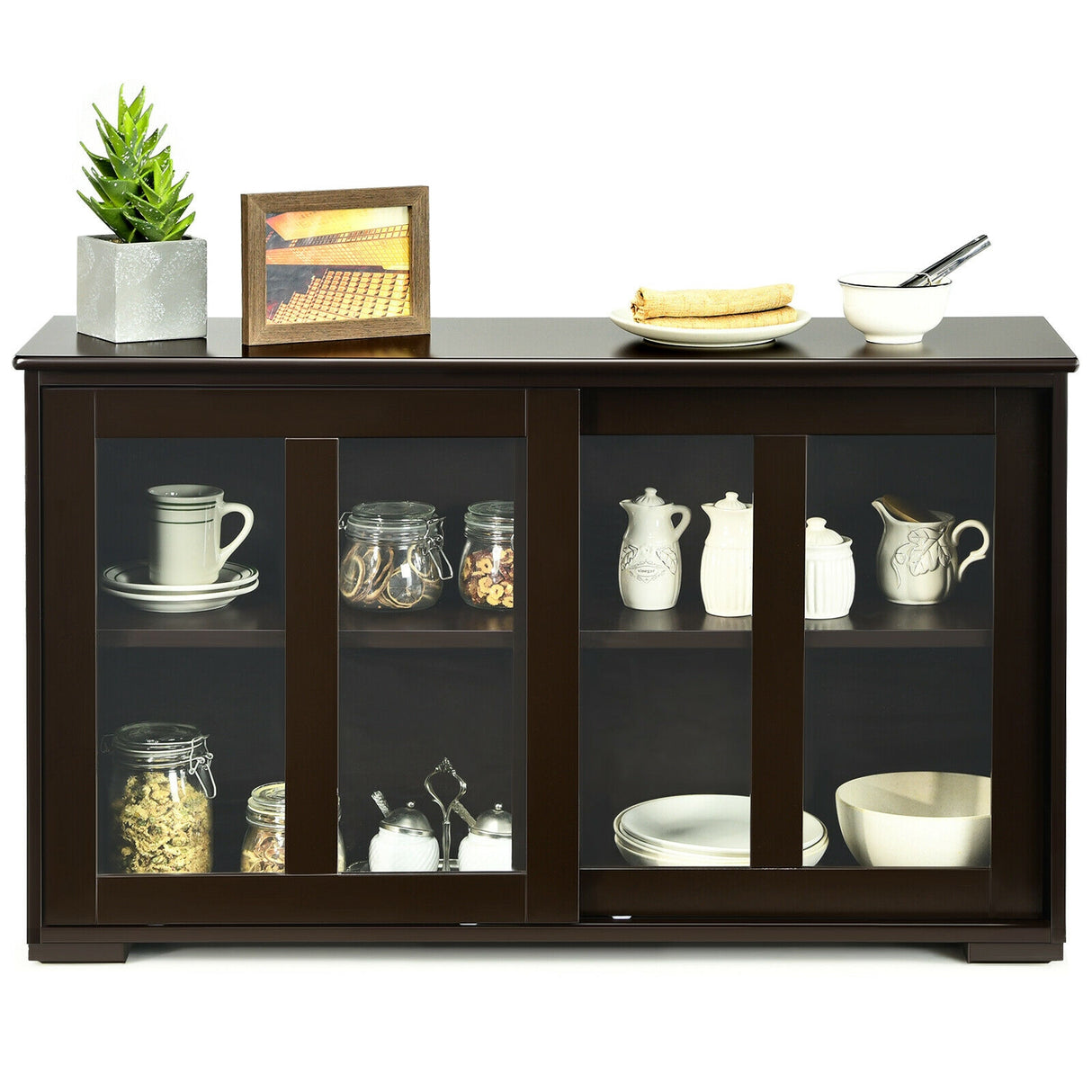 Kitchen Storage Cabinet with Glass Sliding Door