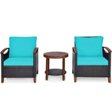 3 Pieces Patio Rattan Furniture Set with Washable Cushion and Acacia Wood Tabletop