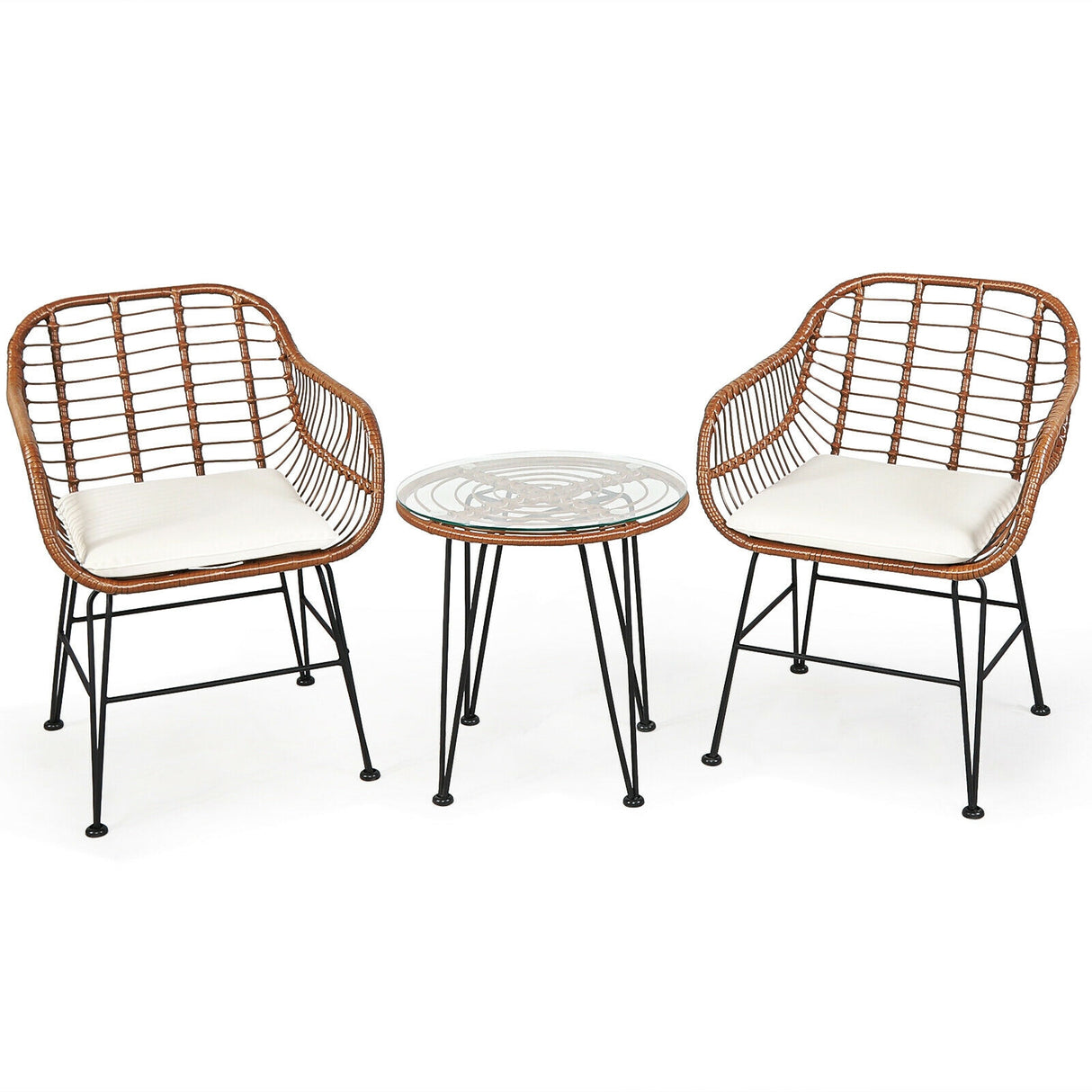 3 Pieces Patio Rattan Bistro Set with Cushion