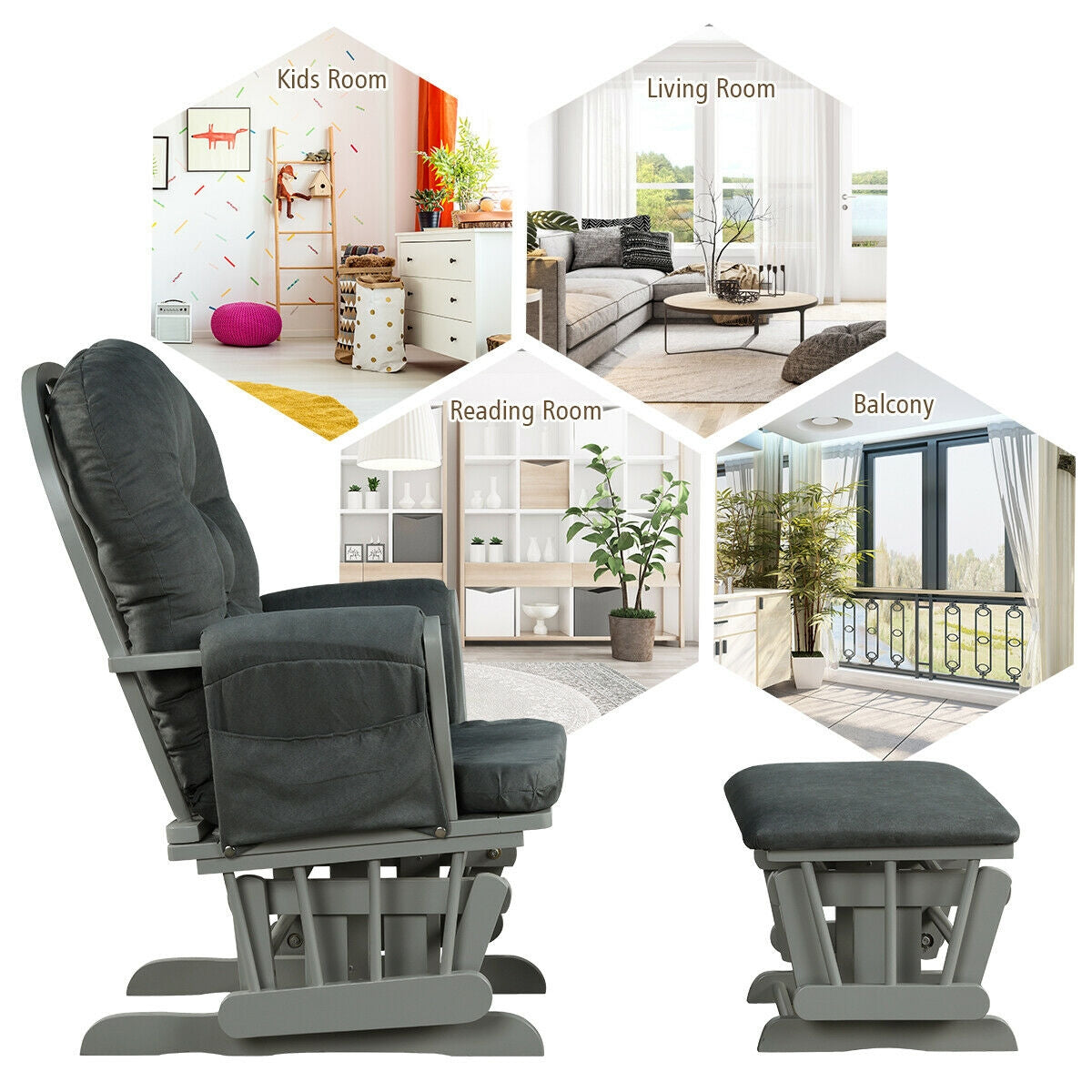 Baby Nursery Relax Rocker Rocking Chair Glider and Ottoman Set-Gray