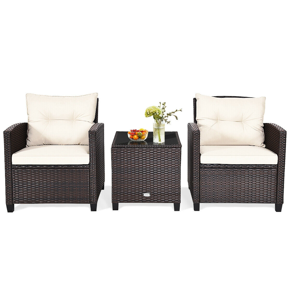 3 Pcs Patio Rattan Furniture Set Cushioned Conversation Set Coffee Table