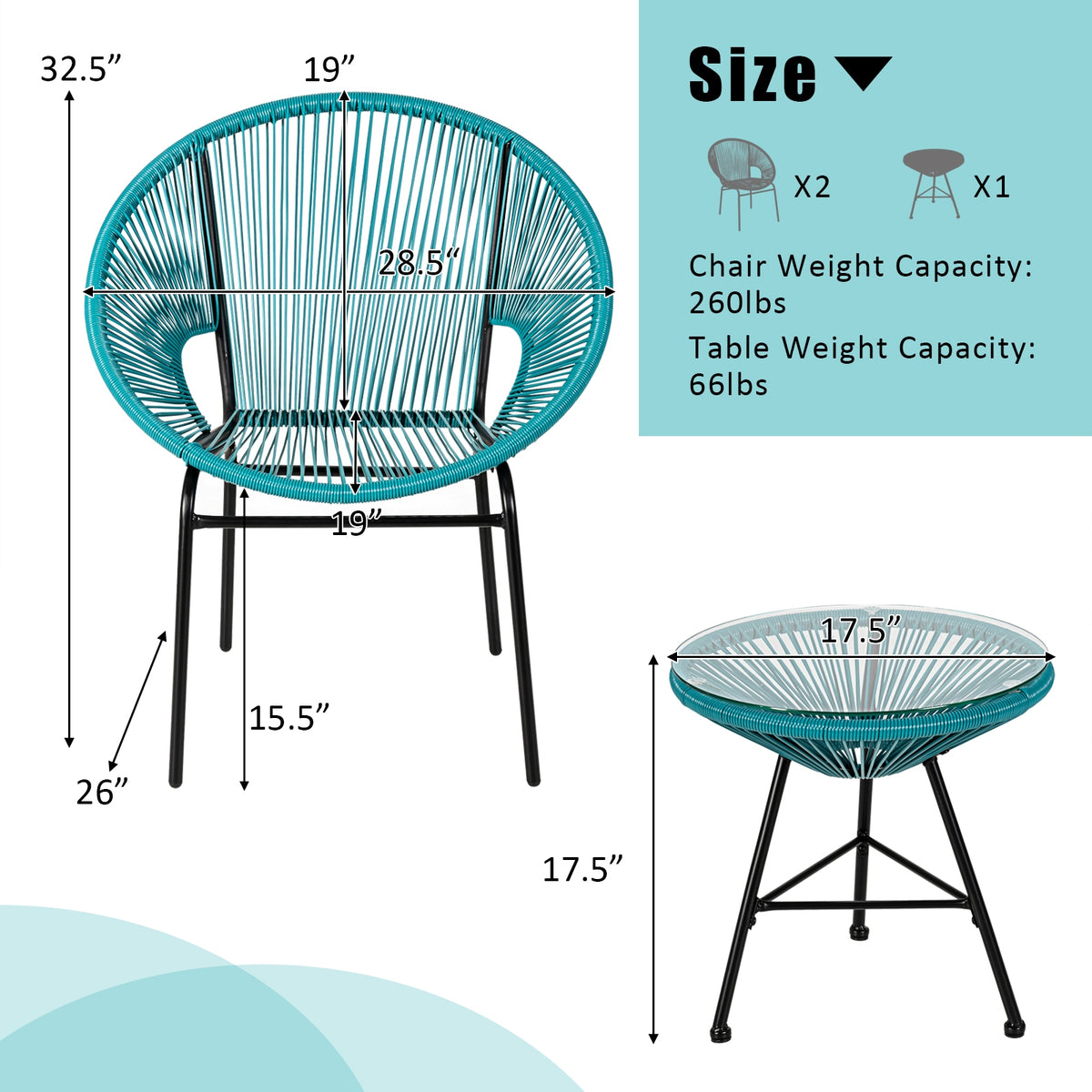 3PCS Patio Acapulco Furniture Bistro Set with GlassTable