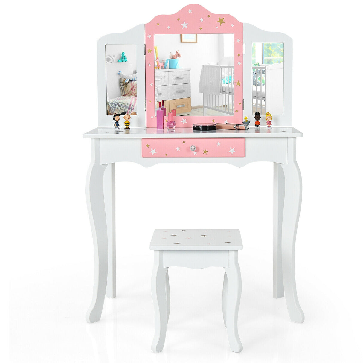 Kids Princess Vanity Table and Stool Set with Tri-folding Mirror and Drawer