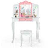 Kids Princess Vanity Table and Stool Set with Tri-folding Mirror and Drawer