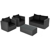 4 Pieces Patio Rattan Conversation Set with Cushions and Coffee Table