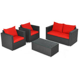 4 Pieces Patio Rattan Conversation Set with Cushions and Coffee Table