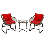 3 Pieces Patio Rattan Bistro Set Cushioned Chair Glass Table Deck
