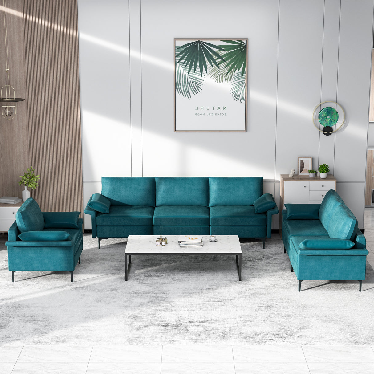 Large 3-Seat Sofa Sectional with Metal Legs and 2 USB Ports for 3-4 people