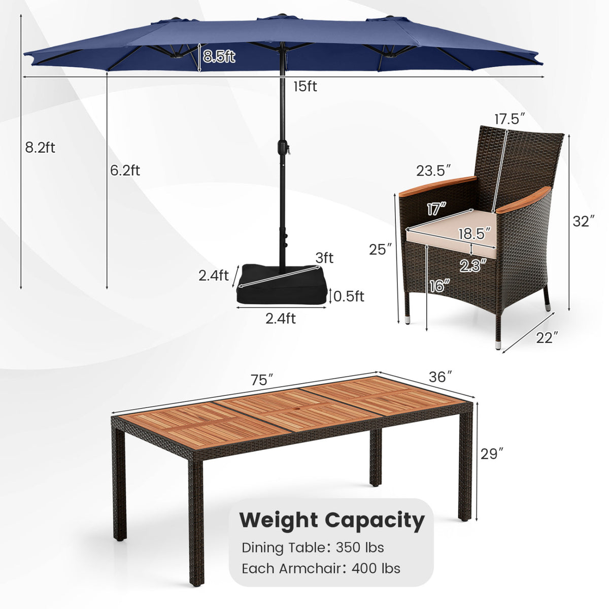 11 Pieces Patio Dining Set with 15 Feet Double-Sided Patio Umbrella and Base