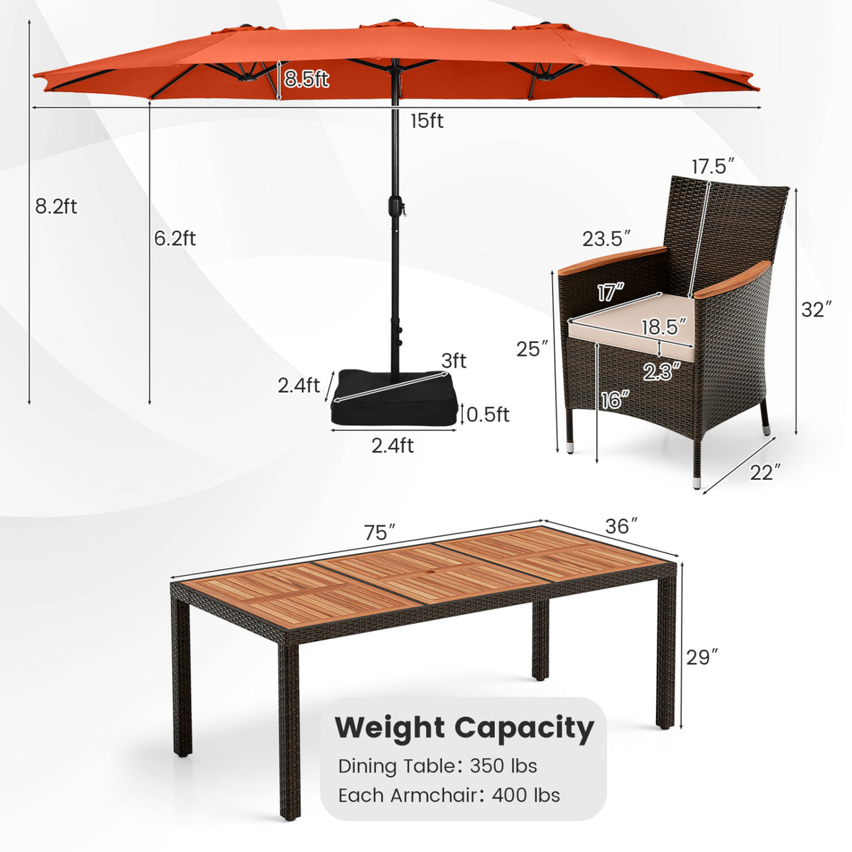 11 Pieces Patio Dining Set with 15 Feet Double-Sided Patio Umbrella and Base