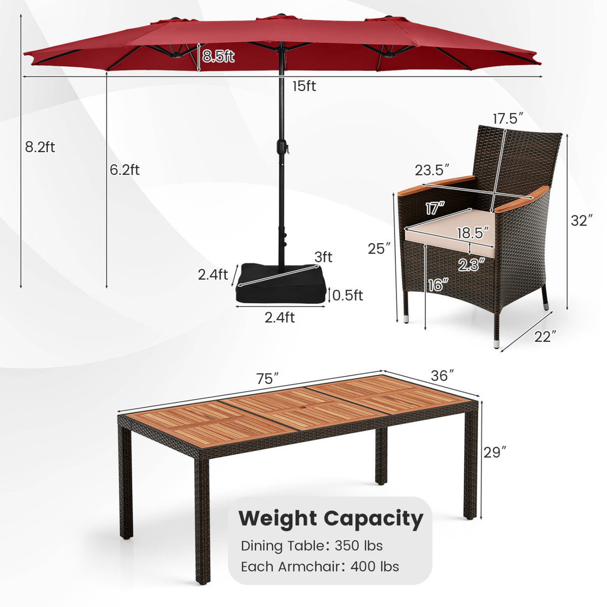 11 Pieces Patio Dining Set with 15 Feet Double-Sided Patio Umbrella and Base