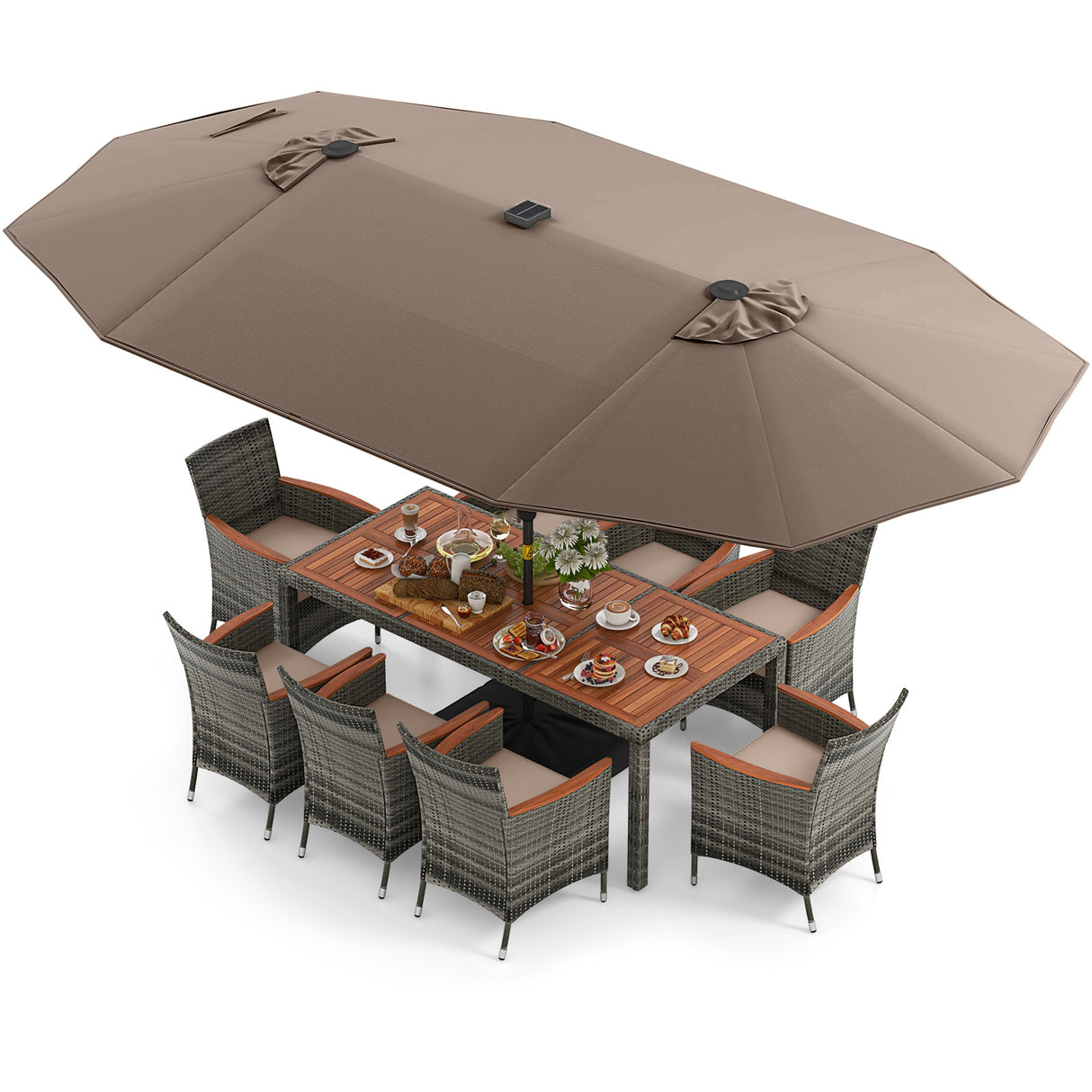 11 Pieces Patio Dining Set with 15 Feet Double-Sided Patio Umbrella Base Included