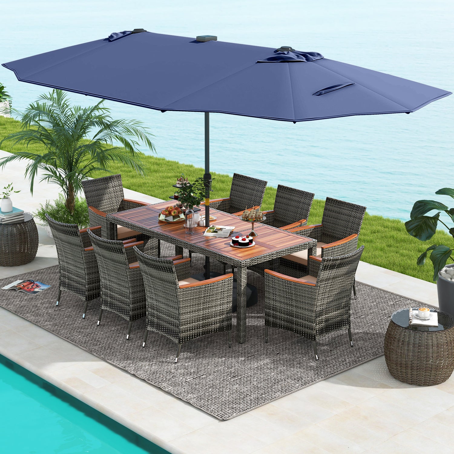 11 Pieces Patio Dining Set with 15 Feet Double-Sided Patio Umbrella Base Included