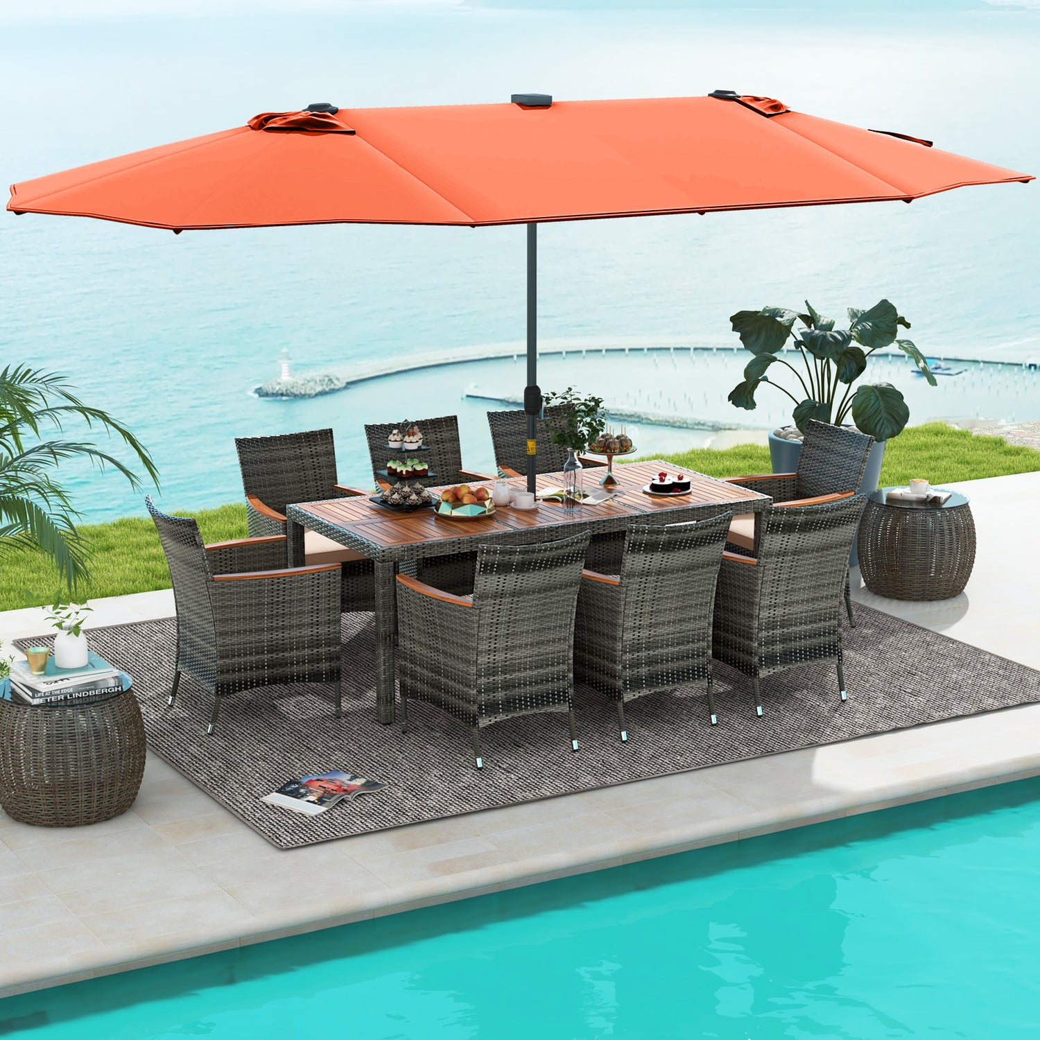 11 Pieces Patio Dining Set with 15 Feet Double-Sided Patio Umbrella Base Included