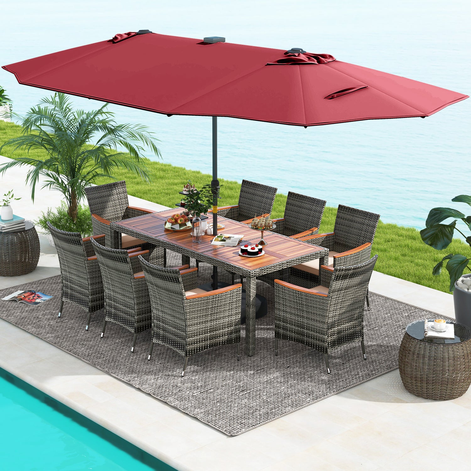 11 Pieces Patio Dining Set with 15 Feet Double-Sided Patio Umbrella Base Included