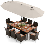 11 Pieces Patio Dining Set with 15 Feet Double-Sided Patio Umbrella and Base