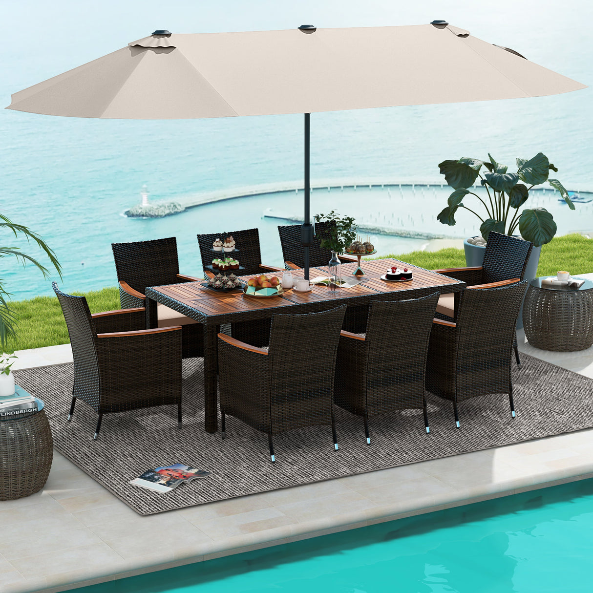 11 Pieces Patio Dining Set with 15 Feet Double-Sided Patio Umbrella and Base