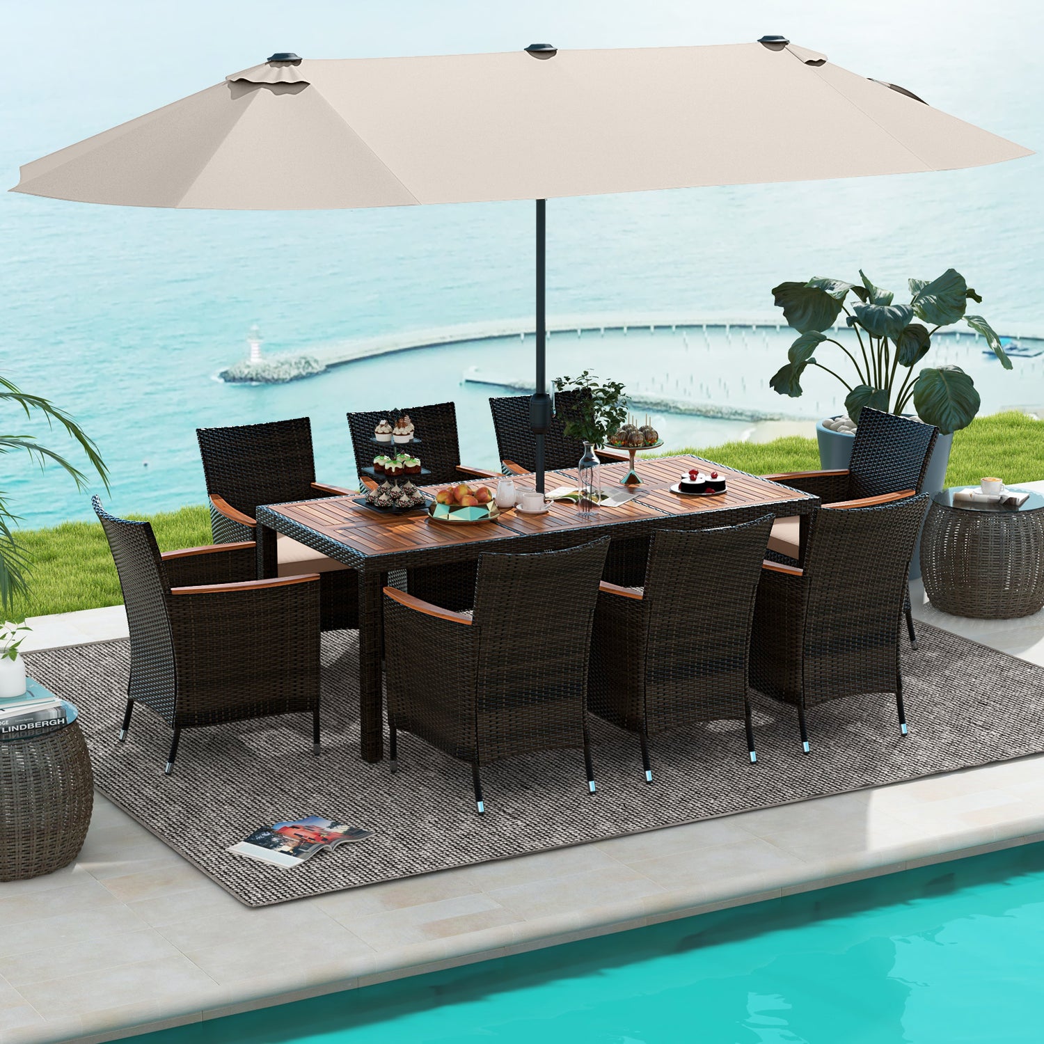 11 Pieces Patio Dining Set with 15 Feet Double-Sided Patio Umbrella and Base