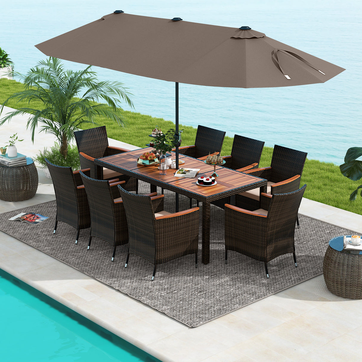 11 Pieces Patio Dining Set with 15 Feet Double-Sided Patio Umbrella and Base
