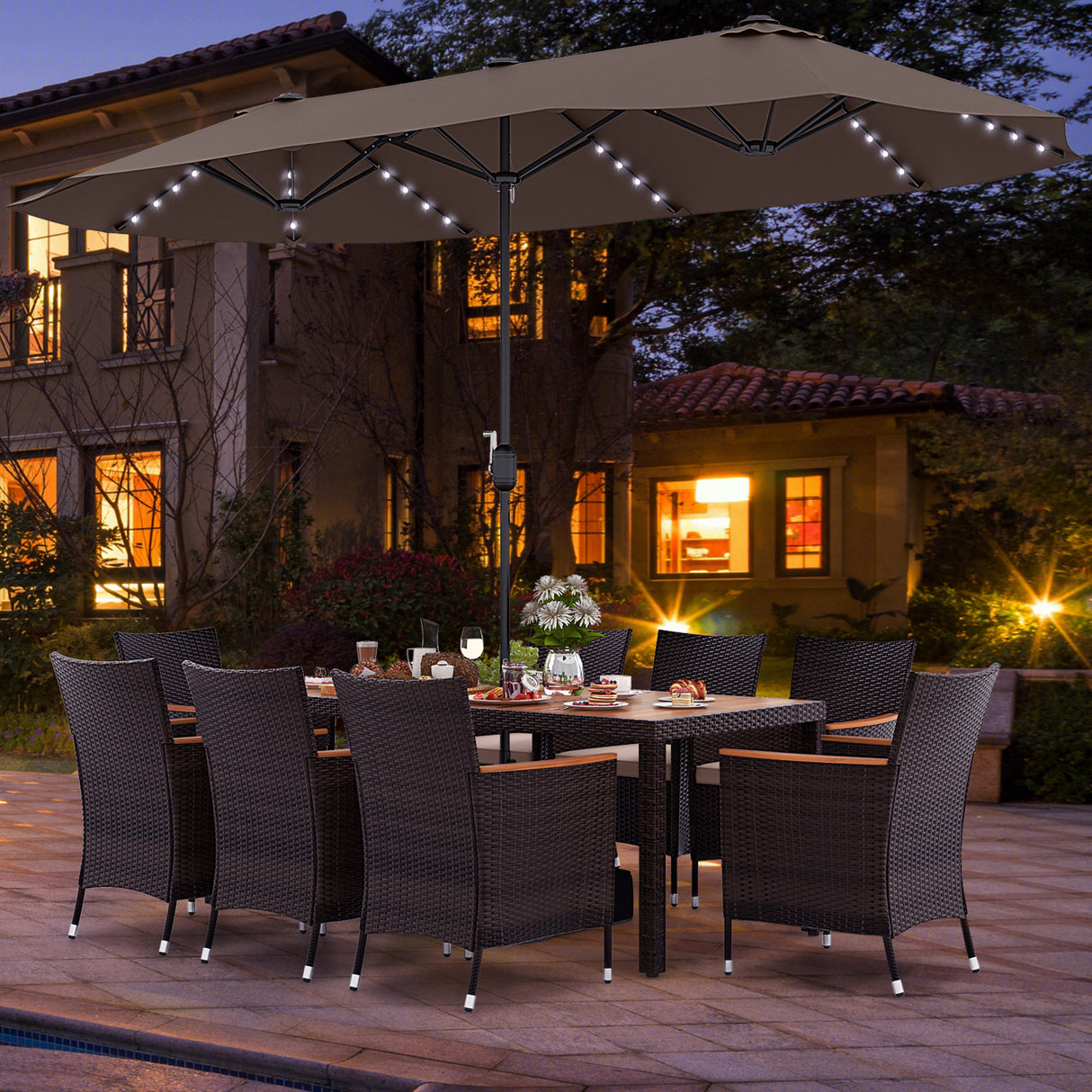 11 Pieces Patio Dining Set with 15 Feet Double-Sided Patio Umbrella and Base
