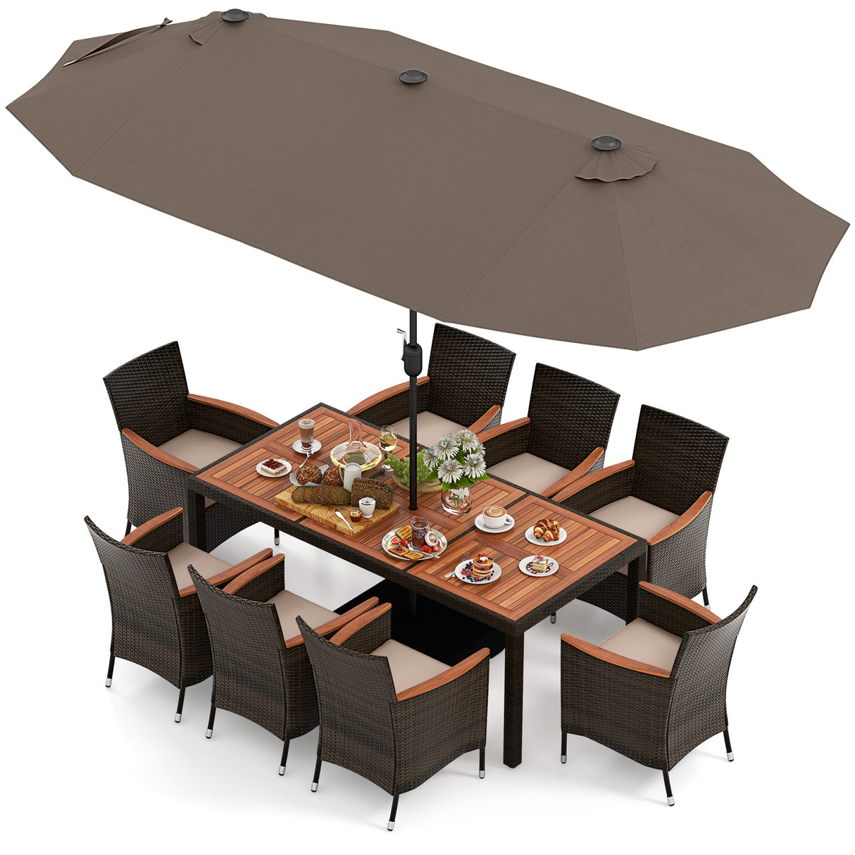 11 Pieces Patio Dining Set with 15 Feet Double-Sided Patio Umbrella and Base