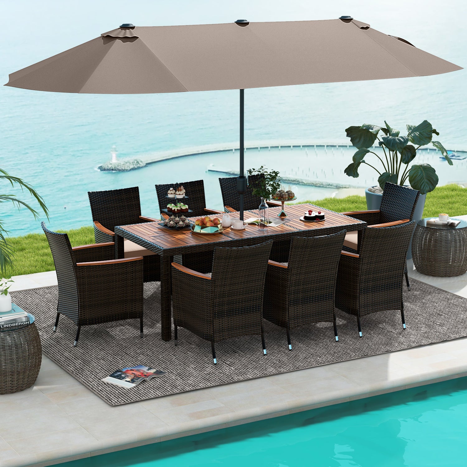 11 Pieces Patio Dining Set with 15 Feet Double-Sided Patio Umbrella and Base