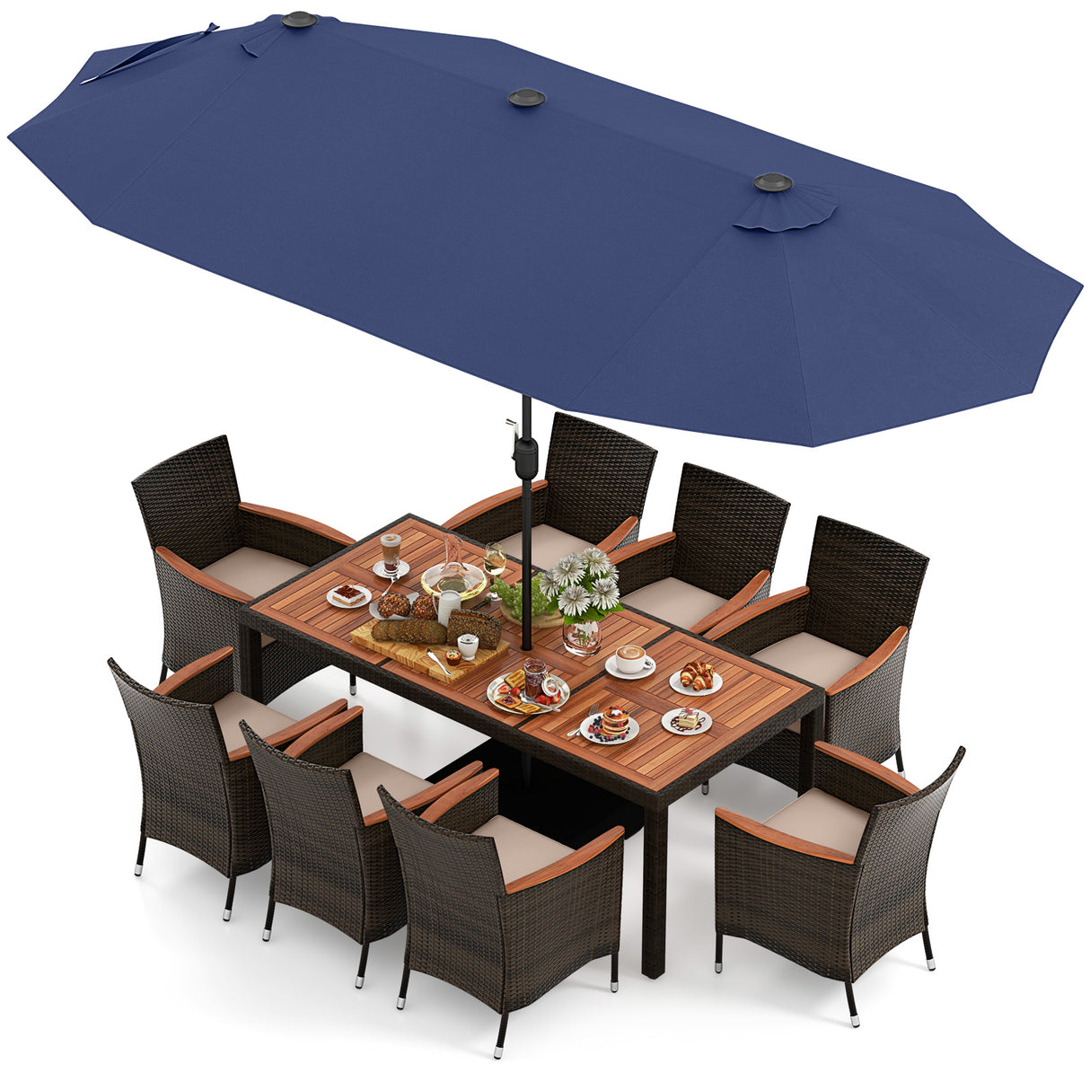 11 Pieces Patio Dining Set with 15 Feet Double-Sided Patio Umbrella and Base