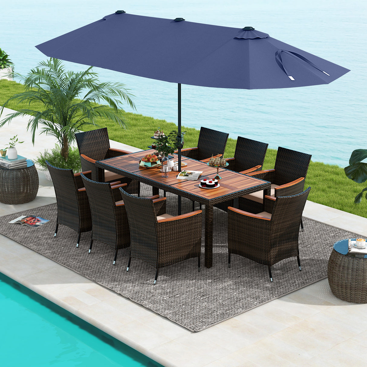 11 Pieces Patio Dining Set with 15 Feet Double-Sided Patio Umbrella and Base