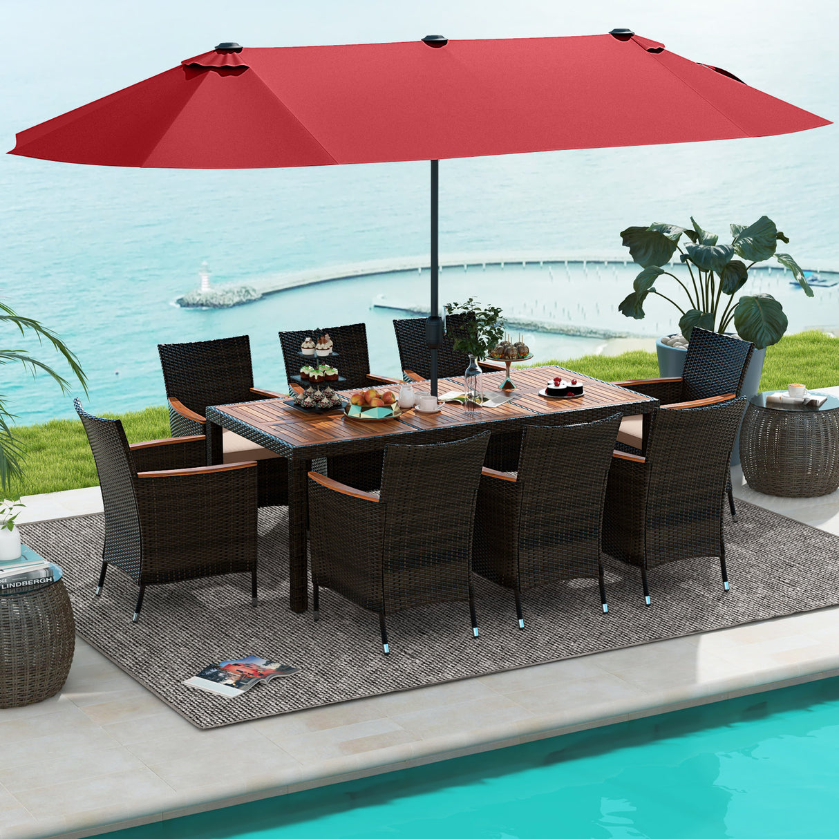 11 Pieces Patio Dining Set with 15 Feet Double-Sided Patio Umbrella and Base