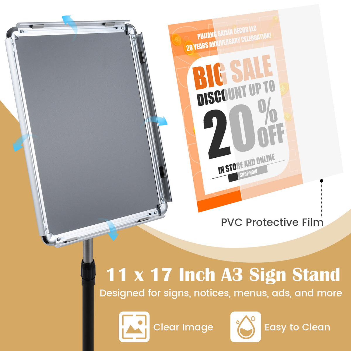 11 x 17 Inch Height Adjustable Sign Holder Stand with Snap-Open Frame