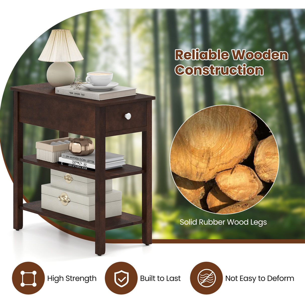 3-Tier Narrow End Table with Drawer and Storage Shelves Set of 2
