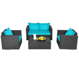 4 Pieces Patio Rattan Conversation Set with Cushions and Coffee Table