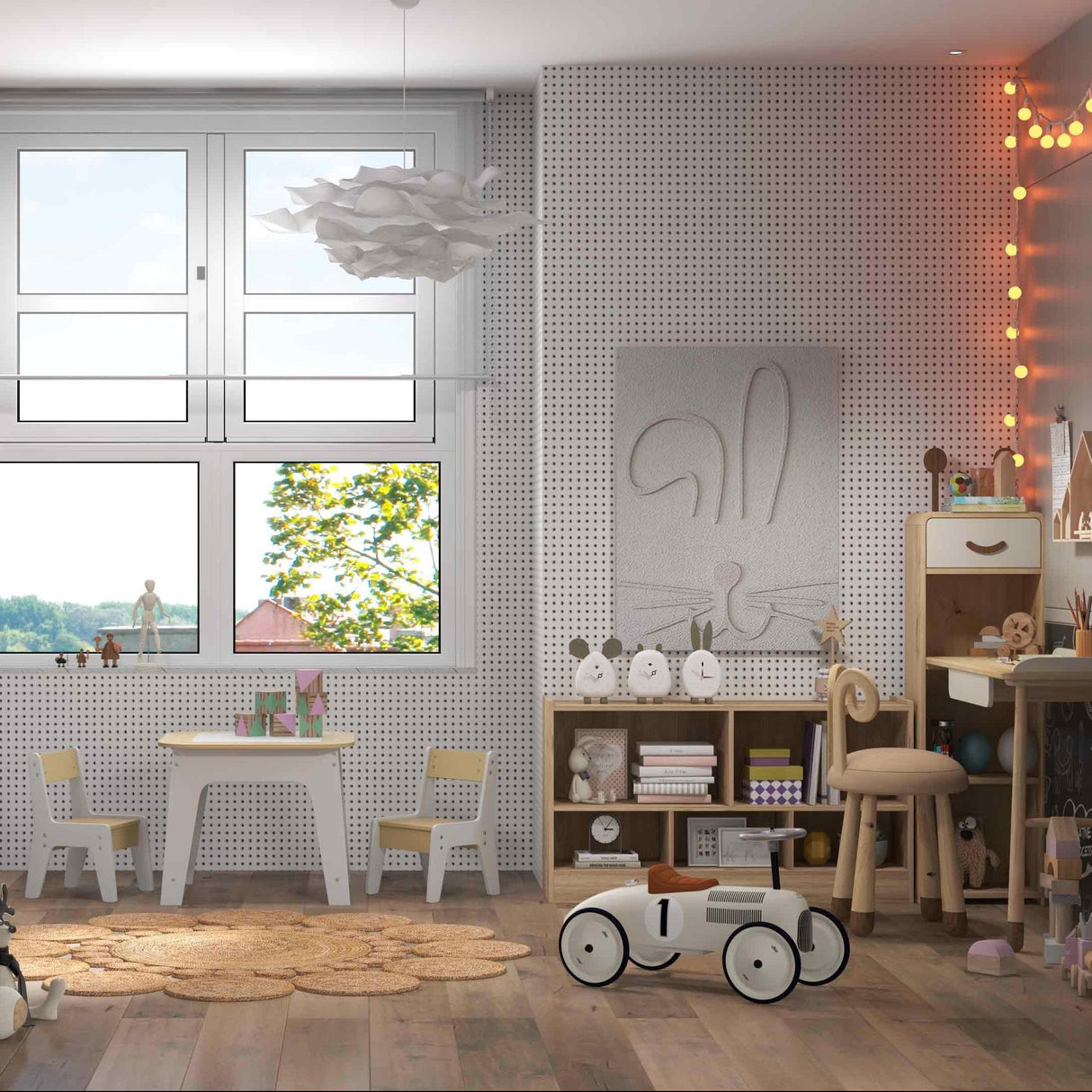 3-Piece Kid's Room Bundle: Twin Size Wooden House Bed + Kid's Table and Chairs Set + Kids 2-Shelf Bookcase